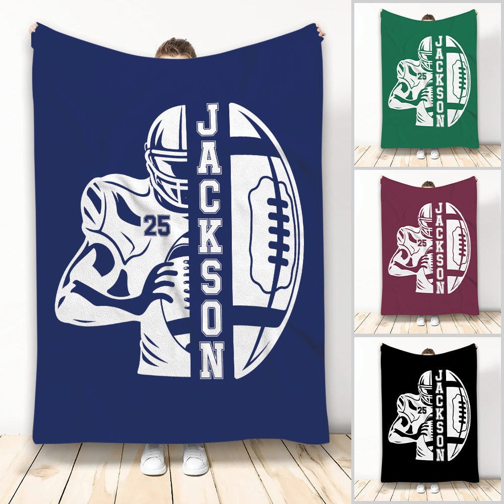 Navy football throw blanket featuring a helmeted player and bold oval football artwork
