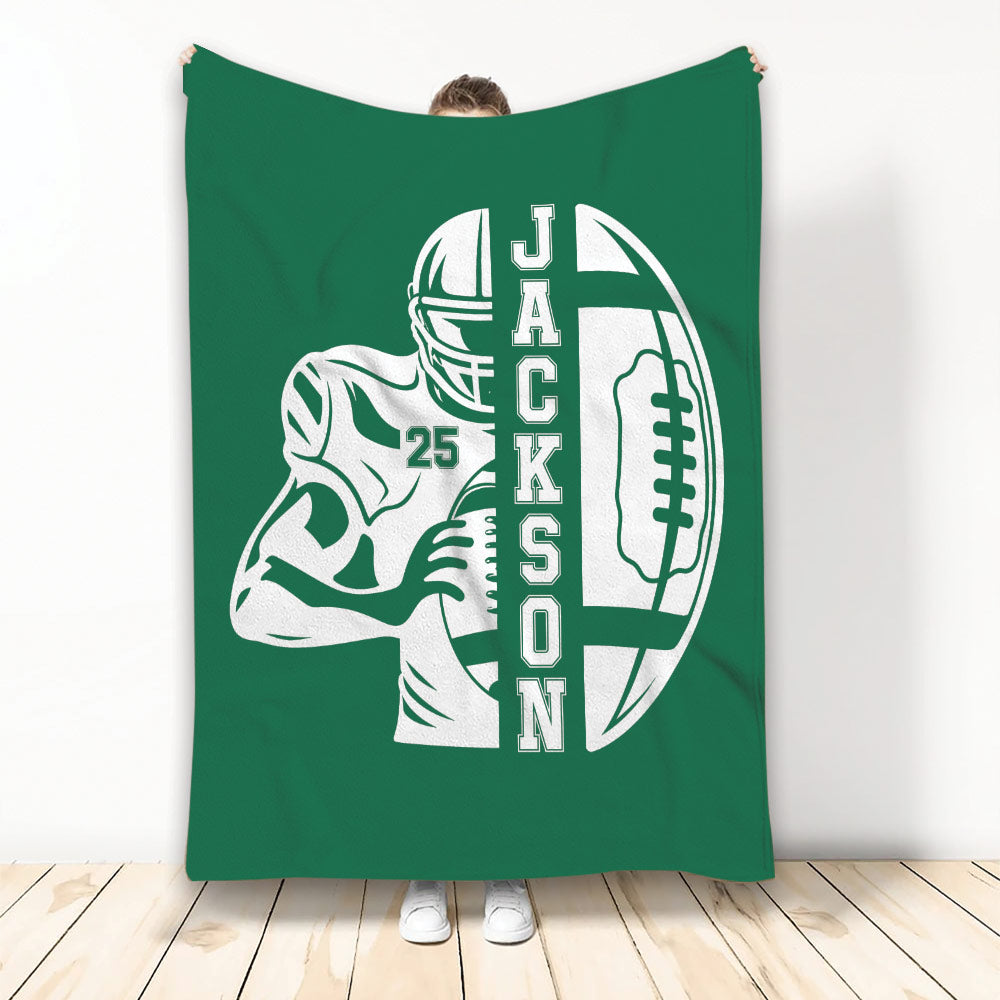 Green football throw blanket displaying a helmeted player holding an oval football