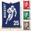 Custom football blanket with helmeted player artwork, bold team colors, and athletic jersey-style design
