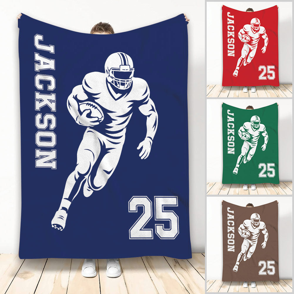 Custom football blanket with helmeted player artwork, bold team colors, and athletic jersey-style design