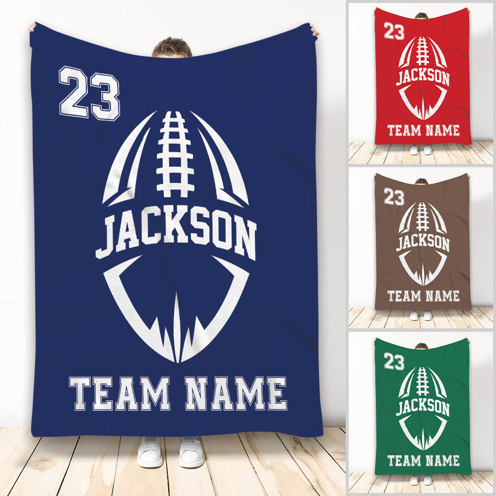 Football throw blanket with bold stylized football artwork shown in multiple team color options