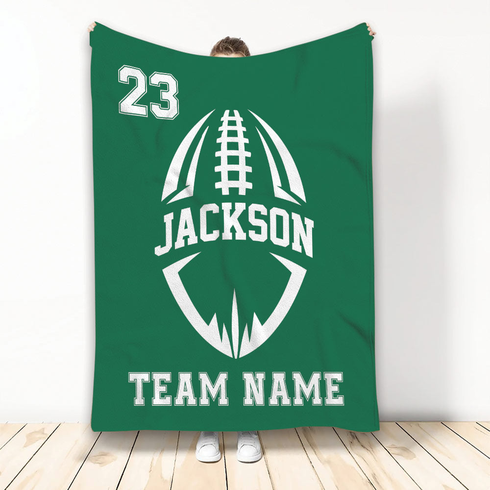 Green football blanket displayed upright with a bold stylized football graphic