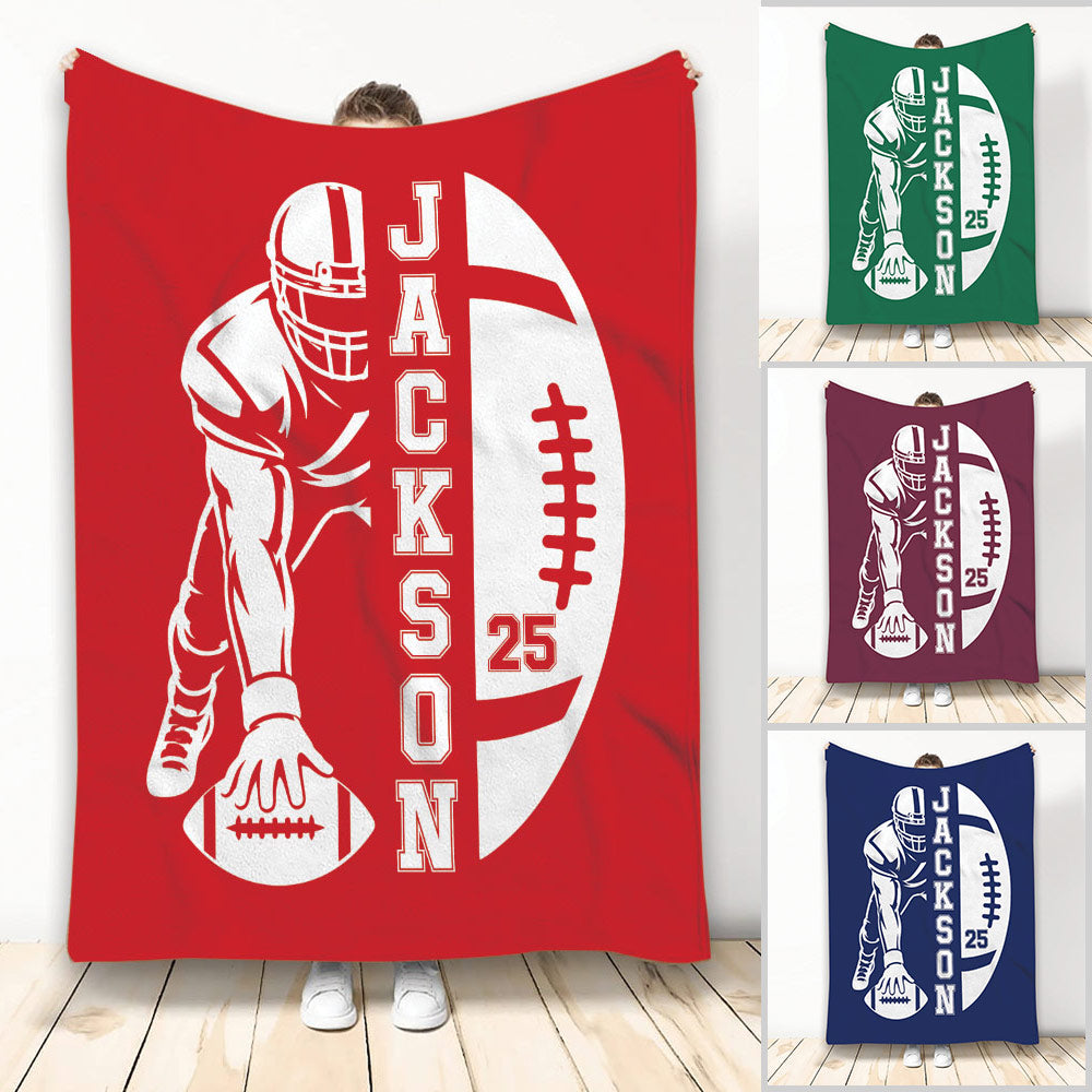 Football throw blanket featuring a helmeted player silhouette and oversized football graphic in multiple colors