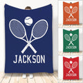 Tennis blanket collage showing crossed rackets and a tennis ball in navy, orange, green, and red color styles