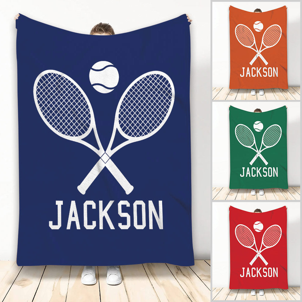 Tennis blanket collage showing crossed rackets and a tennis ball in navy, orange, green, and red color styles