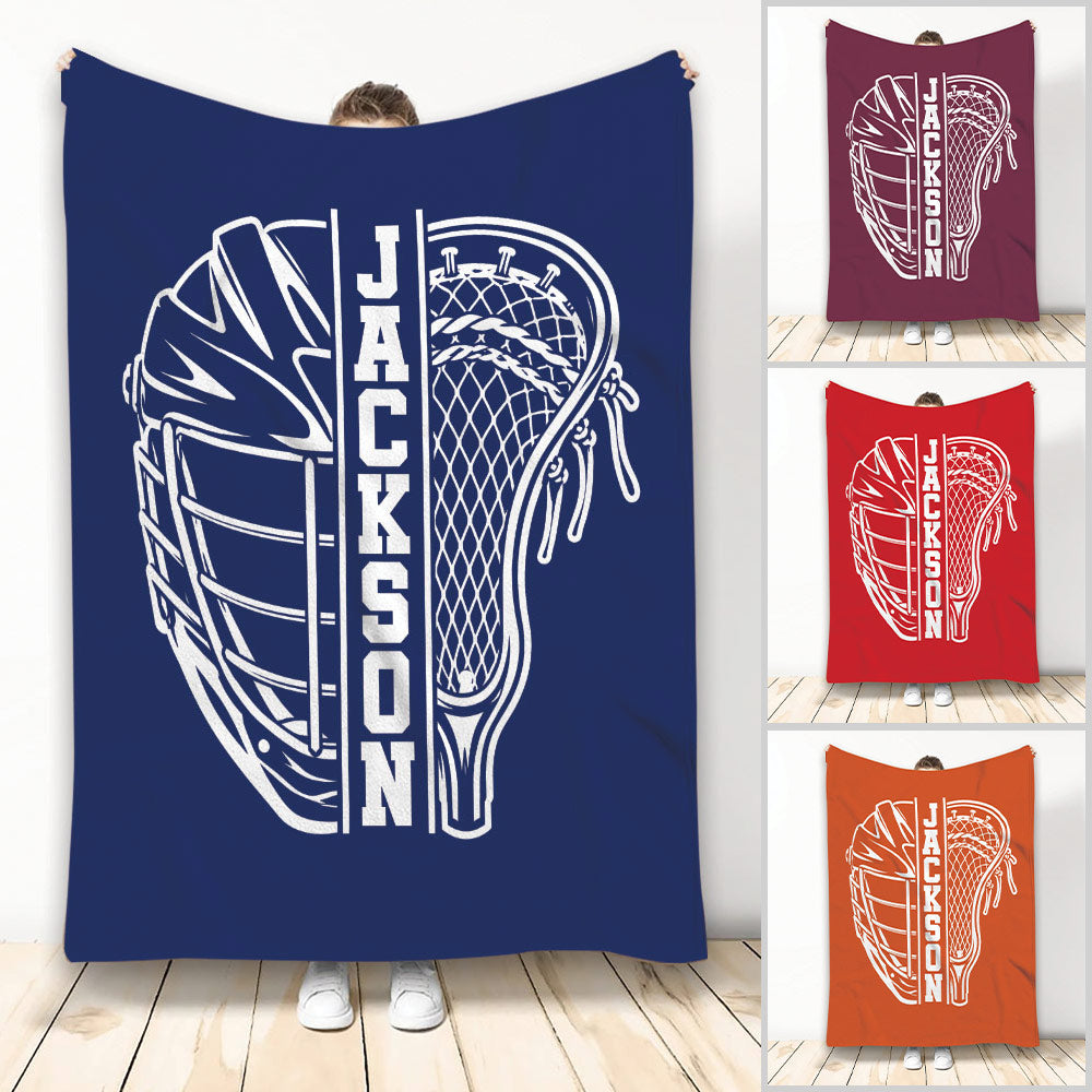 Lacrosse throw blanket featuring a white helmet and lacrosse stick graphic in multiple color options