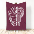 Maroon lacrosse throw blanket displaying a large white helmet and lacrosse stick illustration