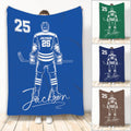 Custom hockey blanket featuring a detailed player illustration in blue with multiple color design examples