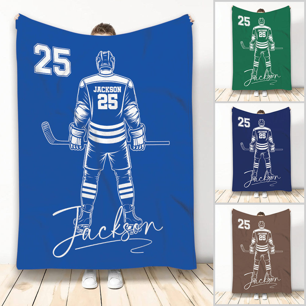 Custom hockey blanket featuring a detailed player illustration in blue with multiple color design examples