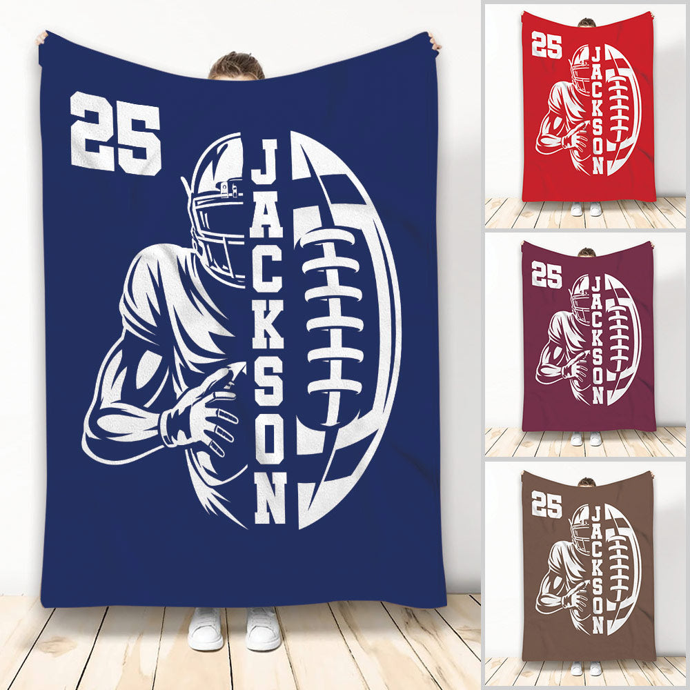 Football throw blanket with helmeted player and football artwork in multiple color options