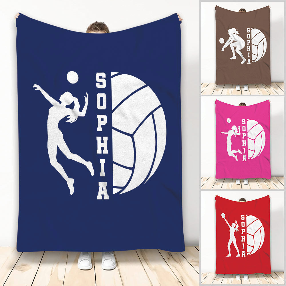 Volleyball throw blanket with a white player silhouette and volleyball artwork shown in several bold color options