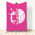Bright pink volleyball throw blanket with a white jumping player silhouette and large volleyball graphic