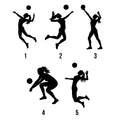 Volleyball artwork style selection guide showing five black player silhouettes in different action poses
