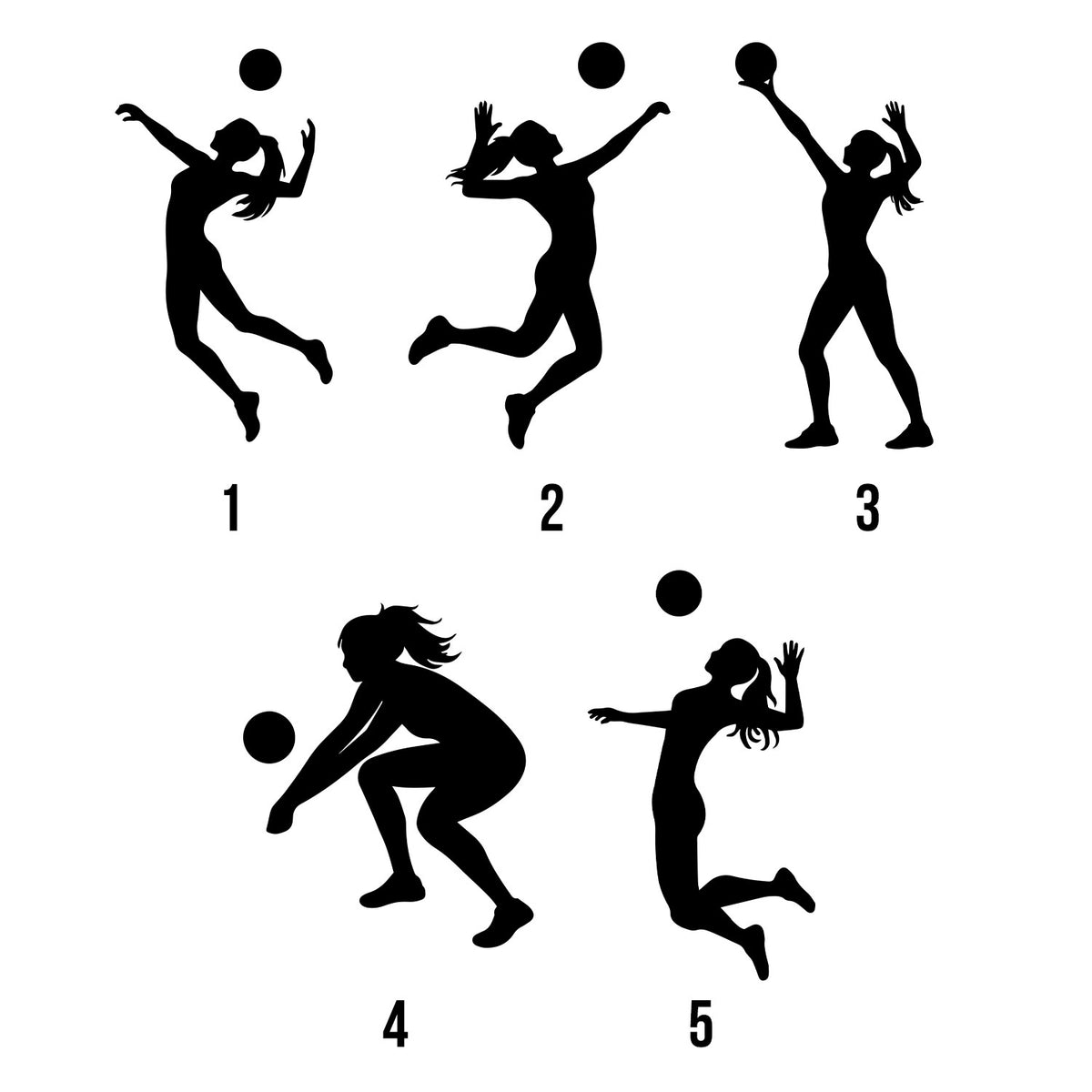 Volleyball artwork style selection guide showing five black player silhouettes in different action poses