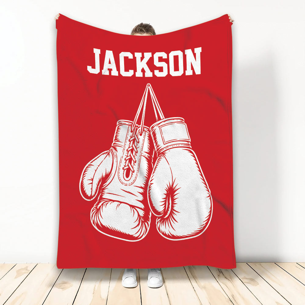 Red boxing throw blanket featuring large white boxing gloves and bold athletic artwork