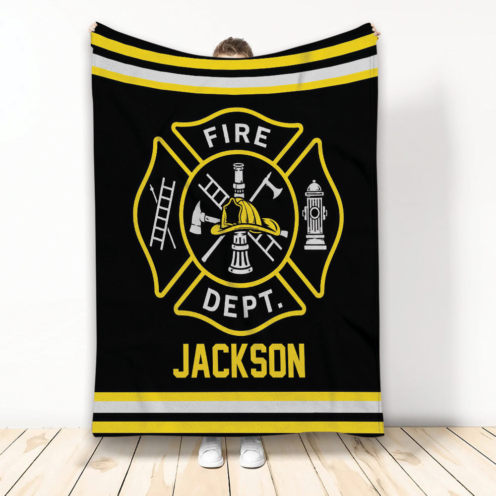 Firefighter throw blanket displayed with a black, yellow, and silver fire department emblem design