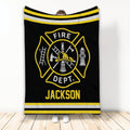 Firefighter throw blanket displayed with a black, yellow, and silver fire department emblem design