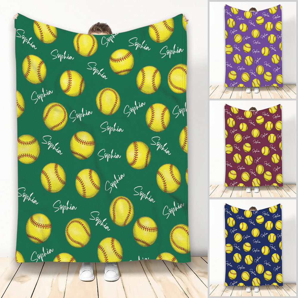 Softball throw blanket with yellow softball pattern in multiple color options