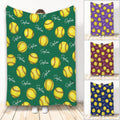 Softball throw blanket with yellow softball pattern in multiple color options