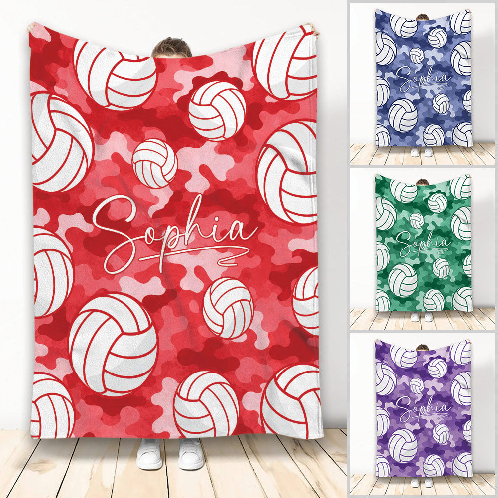 Red camouflage volleyball throw blanket featuring repeating volleyball artwork and a custom design