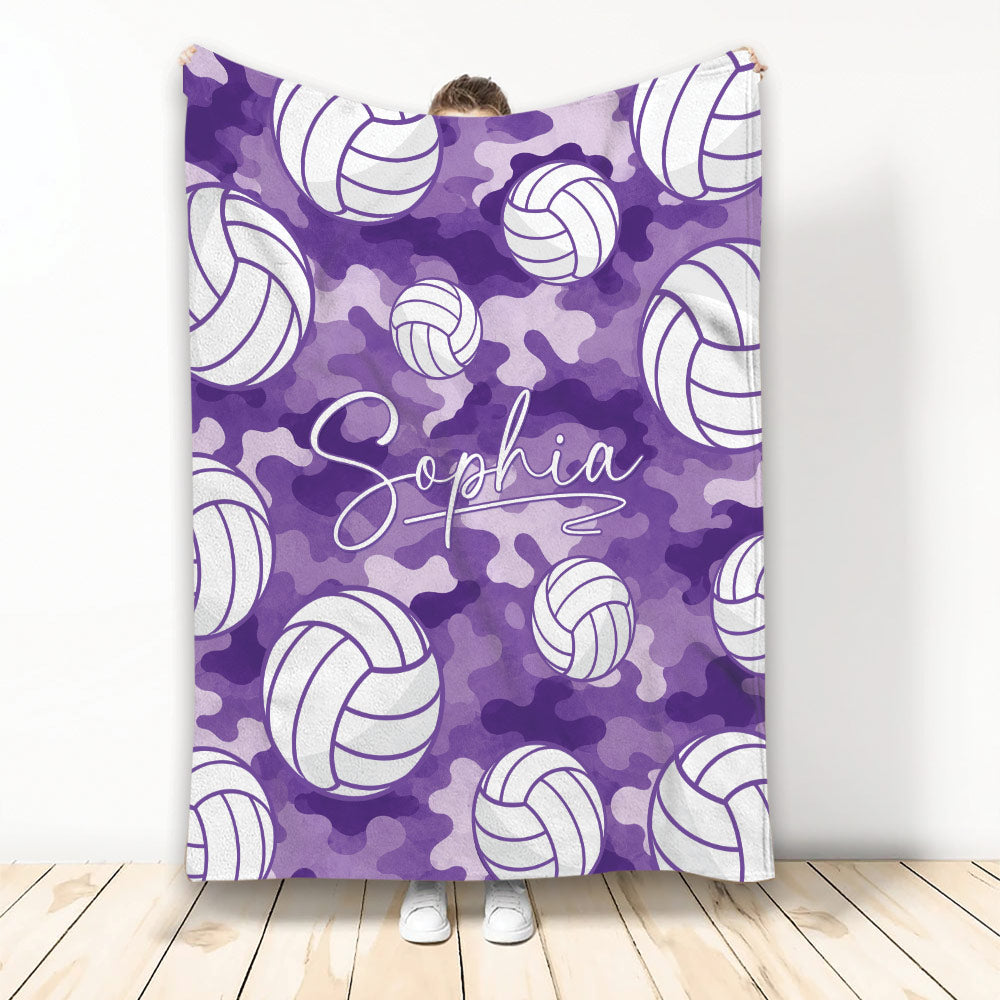 Purple camouflage volleyball throw blanket with white volleyball illustrations and custom design