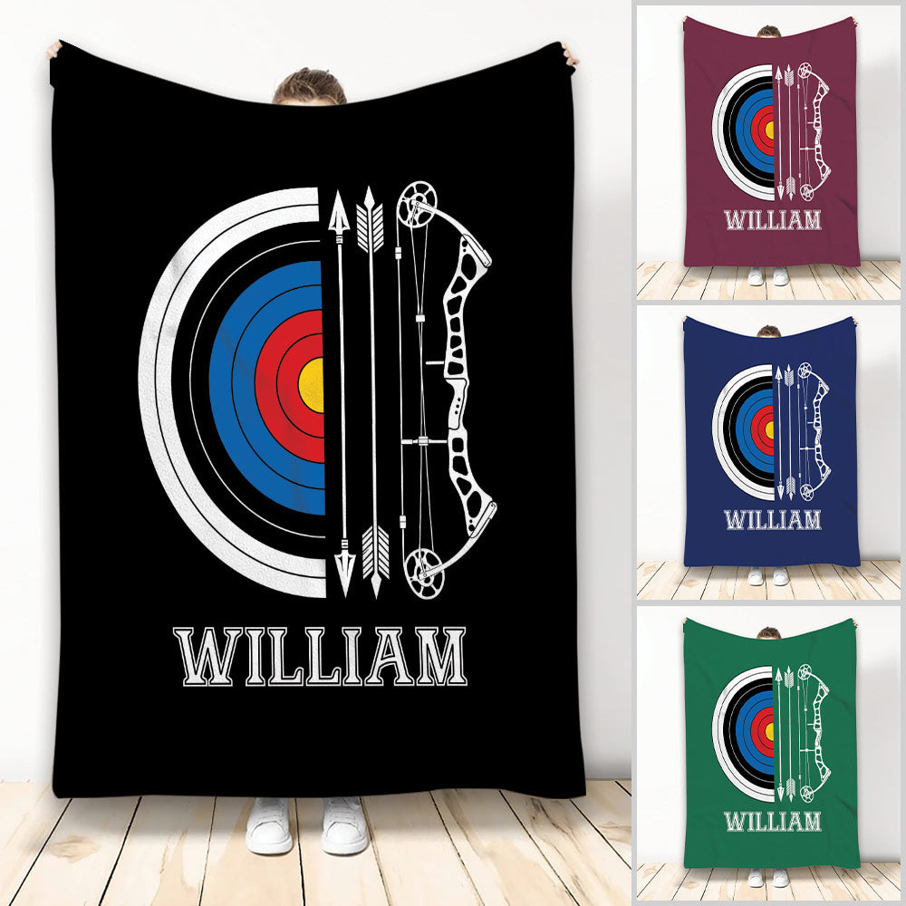 Archery throw blanket featuring a colorful target, bow, arrows, and bold contrasting artwork