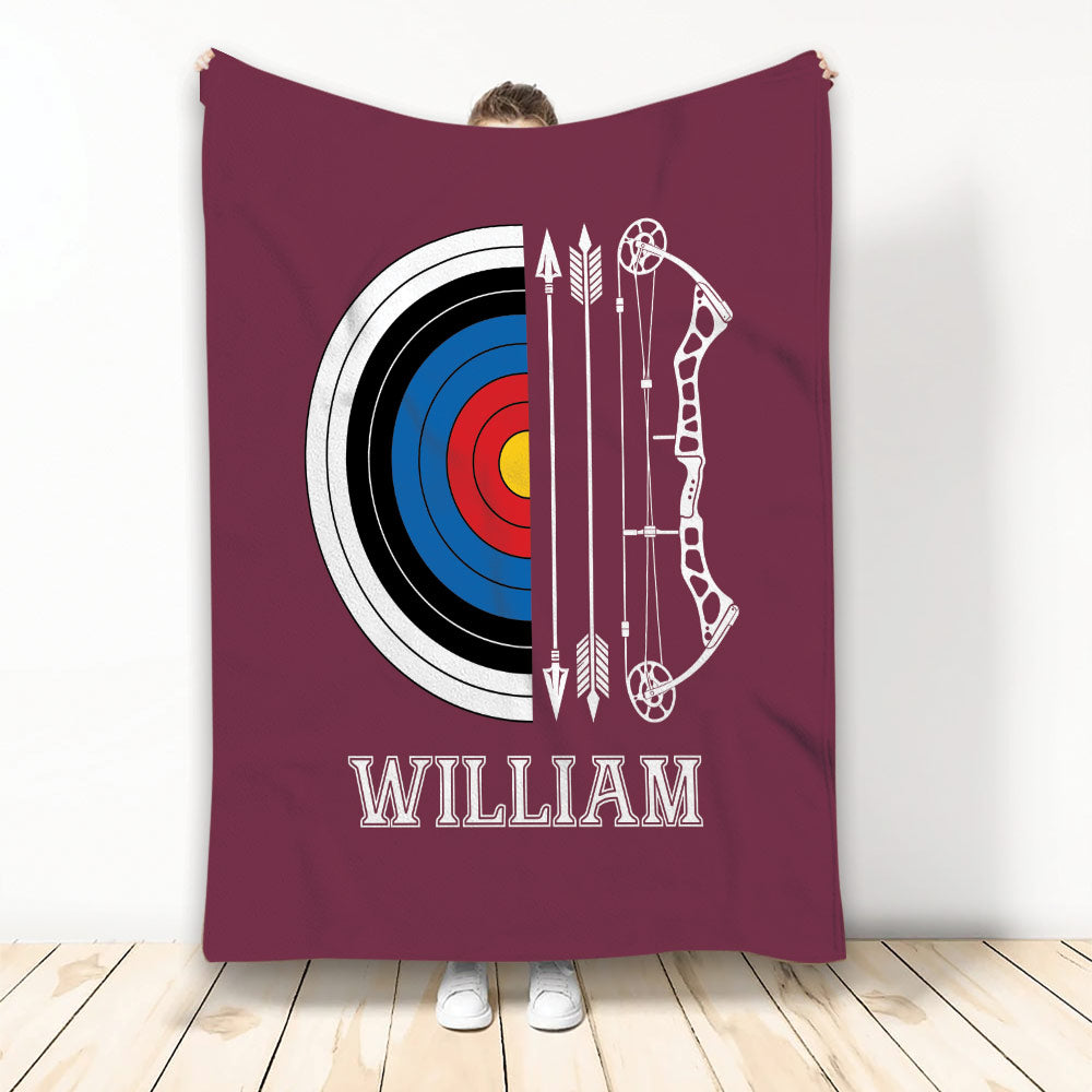 Maroon archery throw blanket displaying a colorful target, bow, and arrows