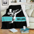 Black karate blanket featuring a dynamic martial arts kick and contrasting turquoise stripe