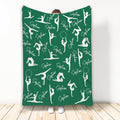 Green gymnastics blanket featuring an all-over pattern of white gymnast silhouettes