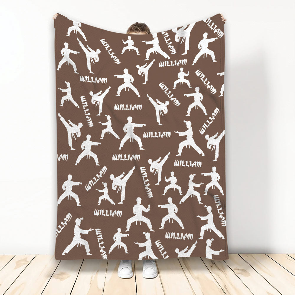 Brown Taekwondo blanket featuring repeated white martial arts silhouettes