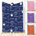 Custom bowling blanket with navy bowling ball and pin pattern shown in multiple color options