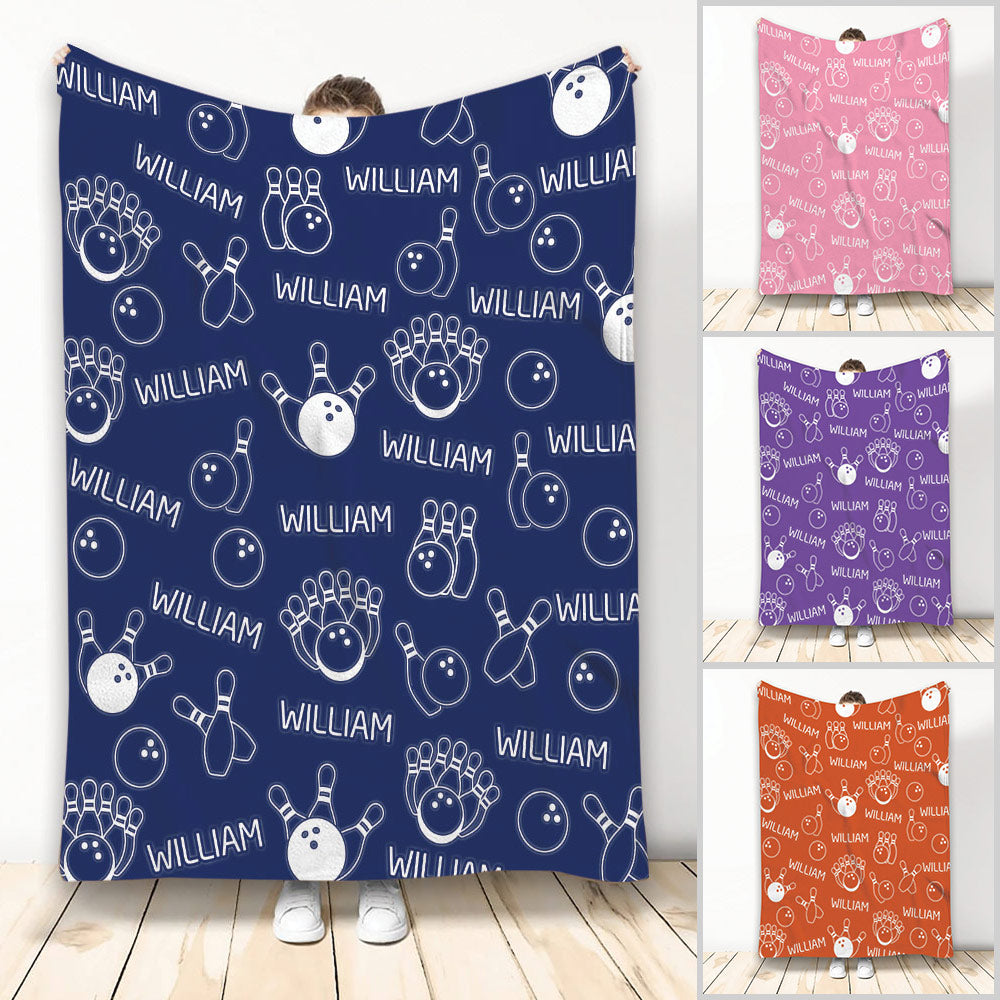 Custom bowling blanket with navy bowling ball and pin pattern shown in multiple color options
