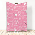 Pink bowling blanket displaying a playful repeating pattern of bowling balls, pins, and strikes