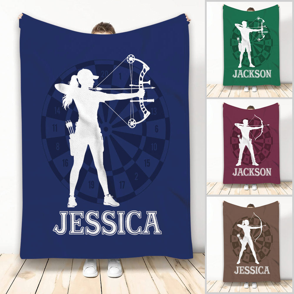 Archery throw blanket featuring an archer silhouette, target artwork, and bold color variations