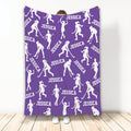 Purple hockey blanket displaying a repeating pattern of white hockey player silhouettes