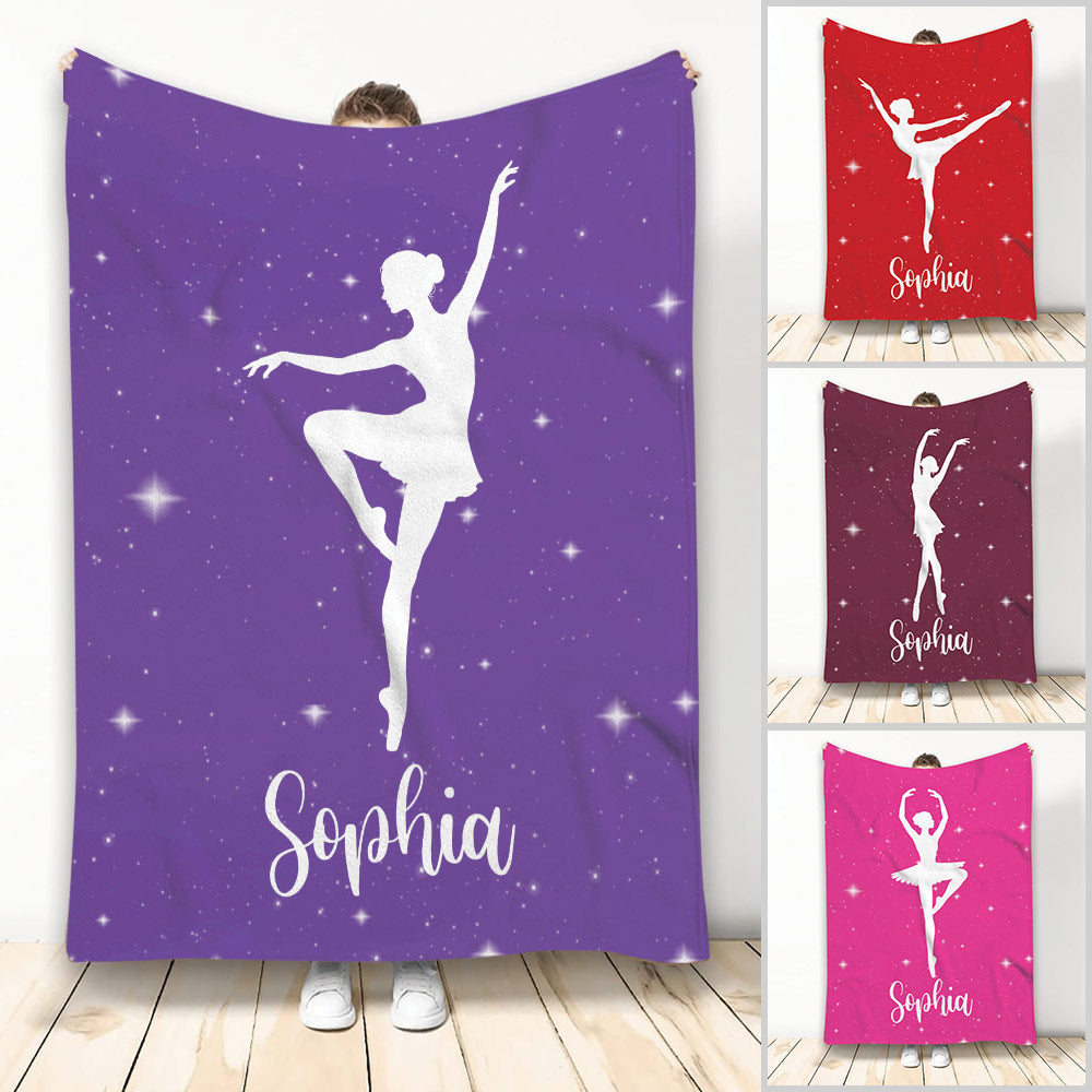 Ballet throw blanket collage with dancer silhouettes, sparkling stars, and colorful design options