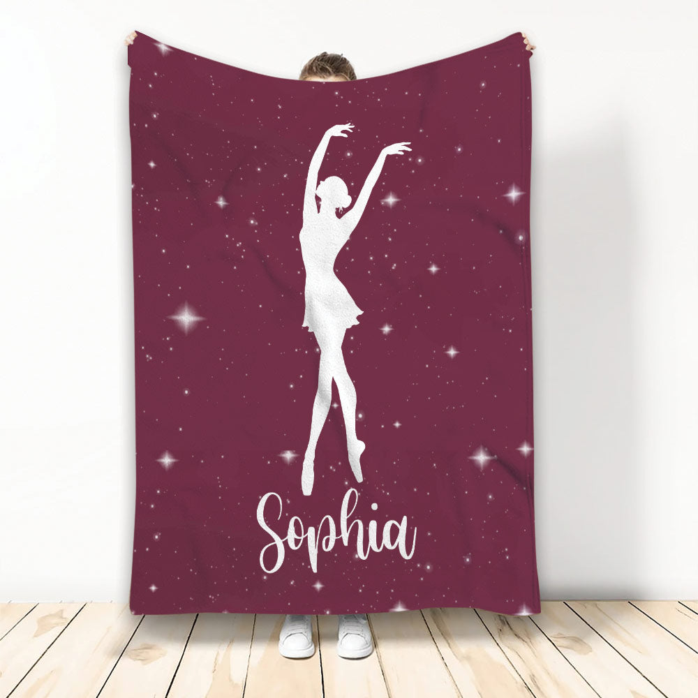 Burgundy ballet throw blanket displayed with a graceful dancer silhouette and sparkling star design