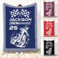 Motocross throw blanket with dirt bike rider, racing flags, and checkered border in blue