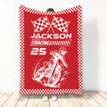 Red motocross throw blanket featuring a dirt bike rider and checkered racing border