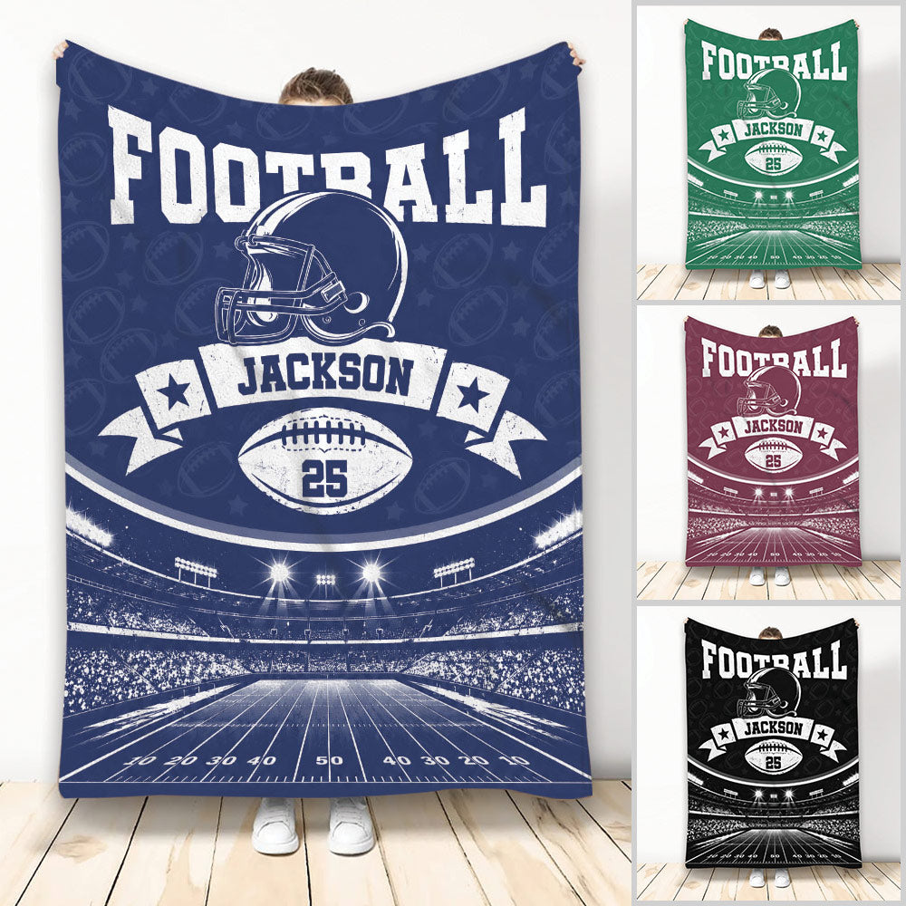 Football throw blanket with helmet, football, stadium field, and bold navy sports artwork