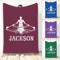 Maroon rowing blanket featuring a white rower in a boat with oars and water ripples