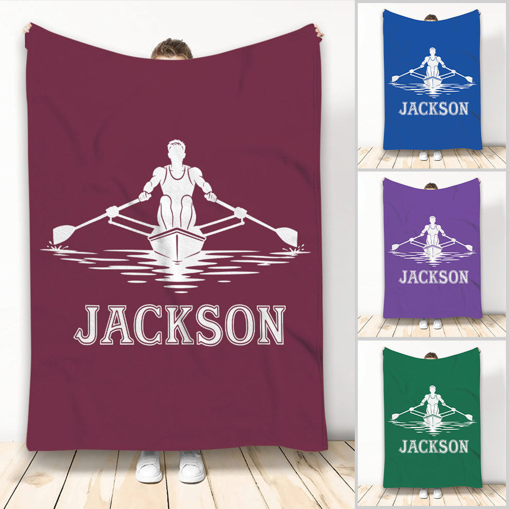 Maroon rowing blanket featuring a white rower in a boat with oars and water ripples