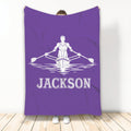 Purple rowing blanket displayed upright with white rower, boat, oars, and water design