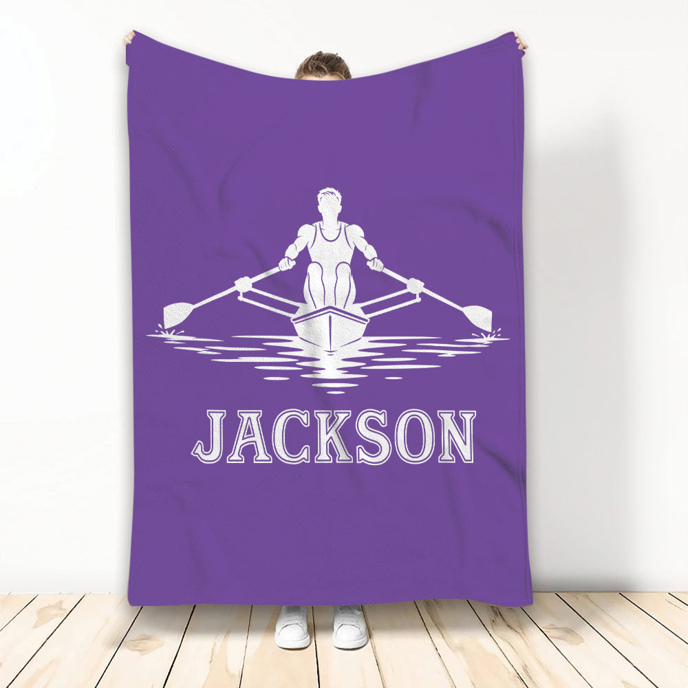 Purple rowing blanket displayed upright with white rower, boat, oars, and water design