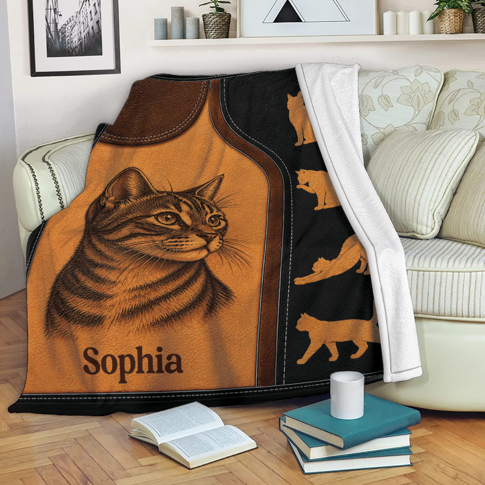 Tabby cat blanket displayed on a sofa with rustic orange and black artwork