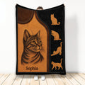 Tabby cat throw blanket with rustic leather-look artwork and cat silhouettes