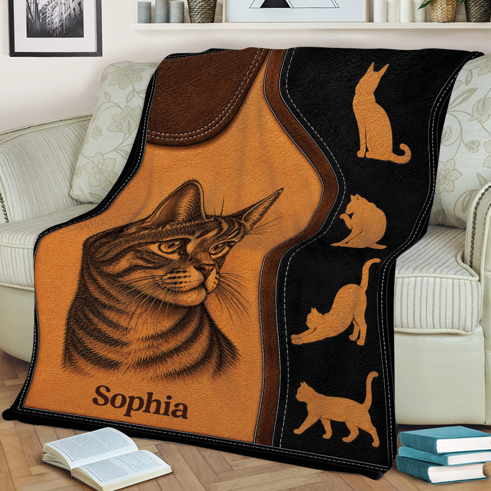 Rustic tabby cat throw blanket draped across a sofa with playful cat silhouettes