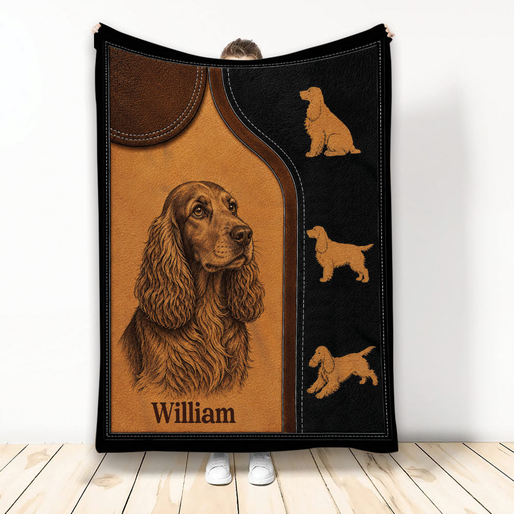 English Cocker Spaniel throw blanket with leather-look panels and coordinating dog silhouettes