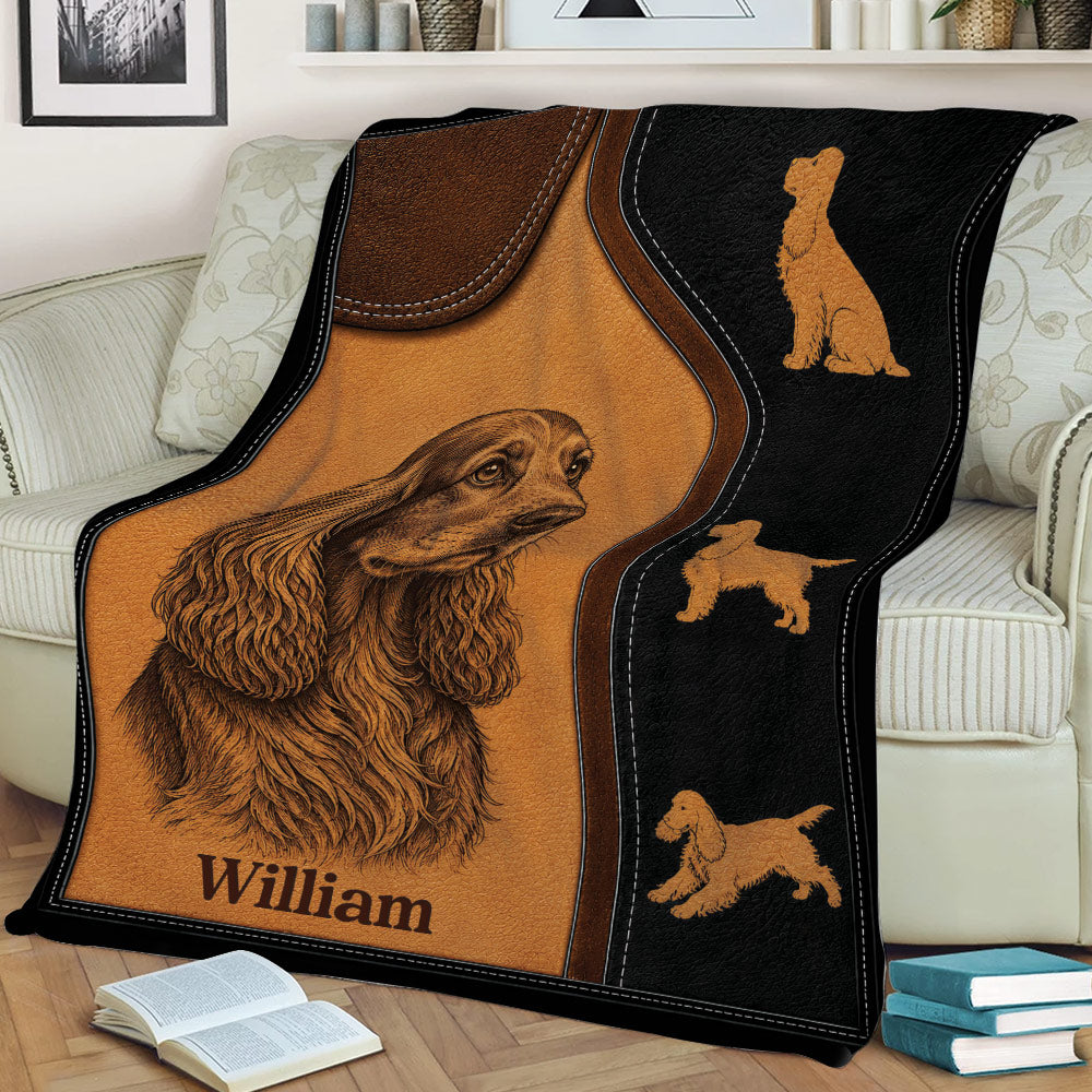 English Cocker Spaniel throw blanket draped over a sofa with matching breed silhouette artwork
