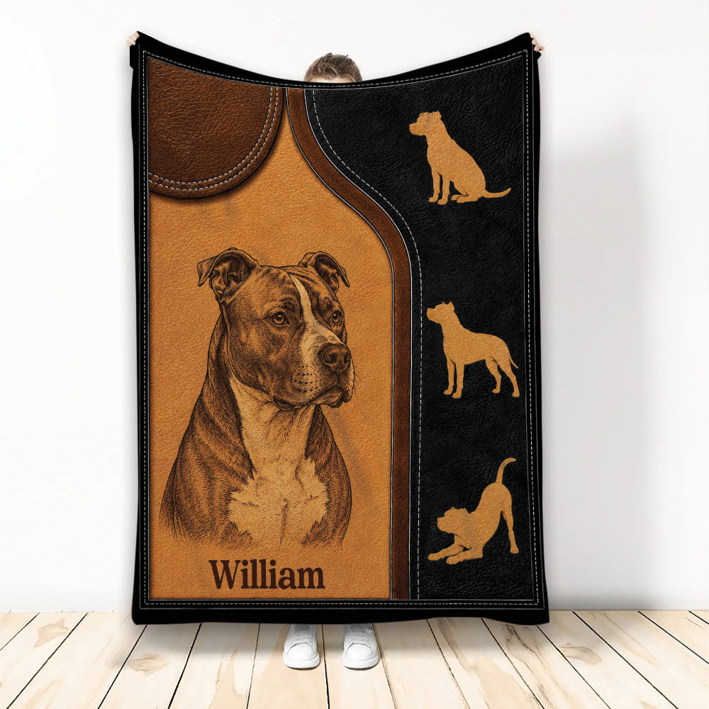 American Staffordshire dog throw blanket with brown and black leather-look artwork and stitched border